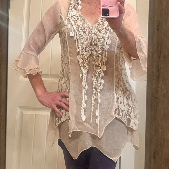 Scully silk and lace Women's Tunic Top Boho Western Chic Taupe Large - Picture 3 of 12